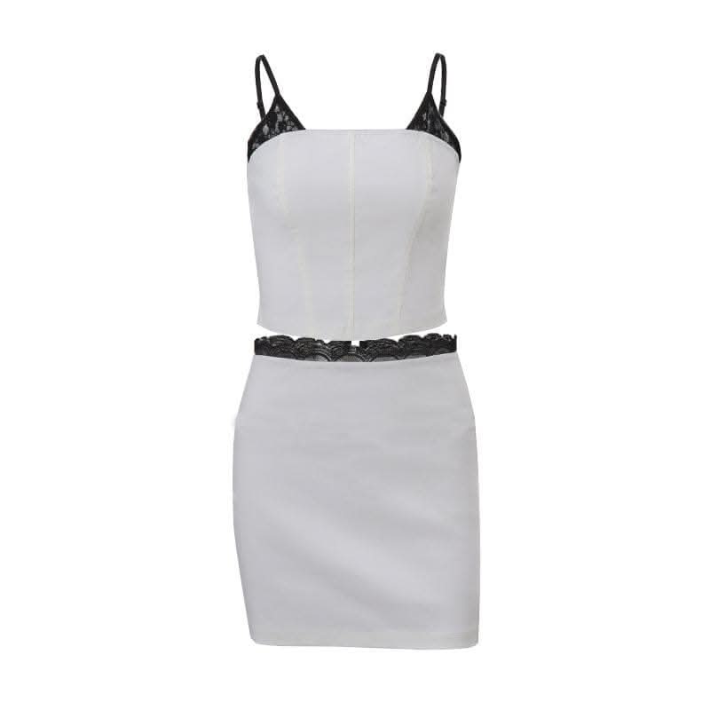 Square neck lace patchwork zip-up backless contrast mini skirt set-final-sale