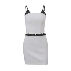 Square neck lace patchwork zip-up backless contrast mini skirt set-final-sale