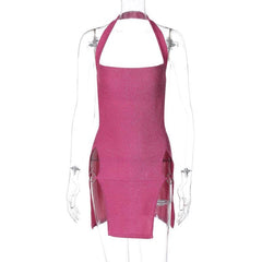 Halter o ring high slit glitter backless solid mini dress