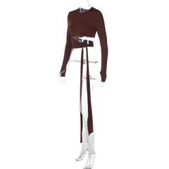 Long sleeve crewneck hollow out knotted cut out top