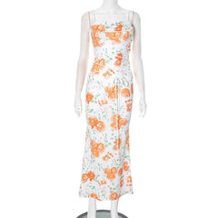 Self tie flower print backless spaghetti strap maxi dress