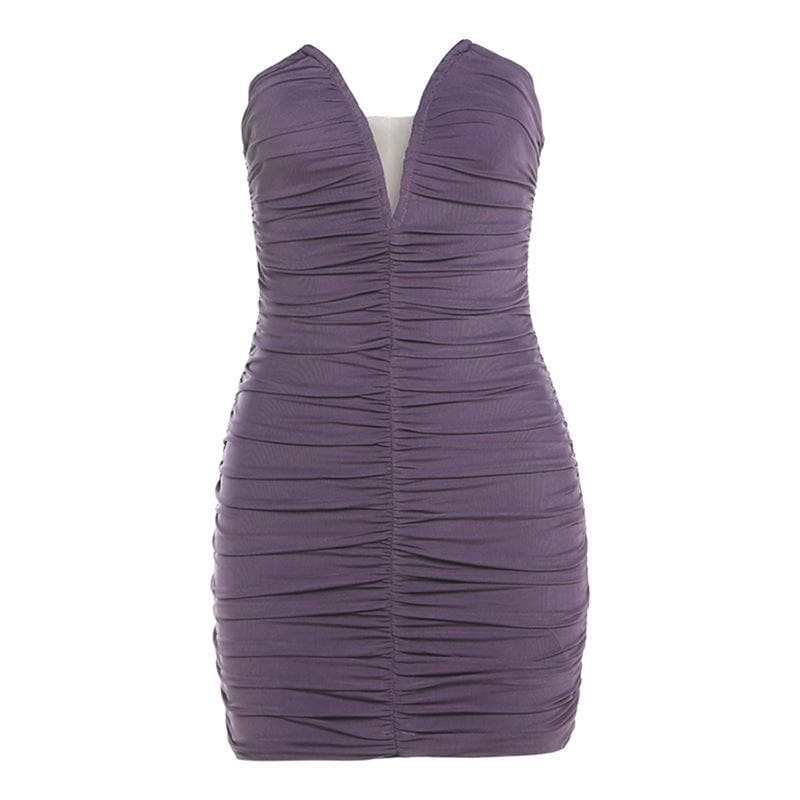 V neck ruched solid mesh tube mini dress