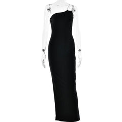Metal chain one shoulder solid slit maxi dress-final-sale