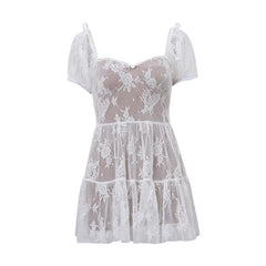 Short puff sleeve bowknot lace ruffle mini dress