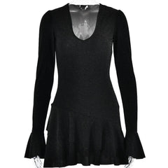 Textured v neck ruffle irregular long flared sleeve mini dress-final-sale