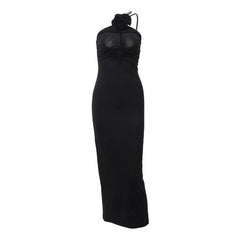 Flower applique one shoulder solid ruched maxi dress-final-sale