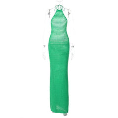 Crochet solid halter backless self tie maxi dress-final-sale