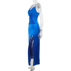V neck ruched slit zip-up cami maxi dress