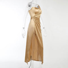 Sleeveless solid satin slit one shoulder ruched backless midi dress-final-sale
