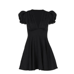 Short puff sleeve ruffle v neck self tie mini dress