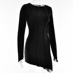Long sleeve round neck irregular stitch mini dress-final-sale