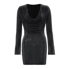 Long sleeve cowl neck ruched glitter solid mini dress-final-sale