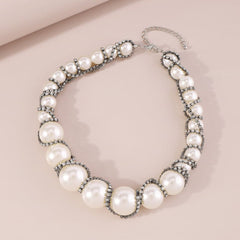 Faux pearl rhinestone beaded choker necklace