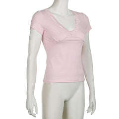 Short sleeve v neck ruched lace hem top