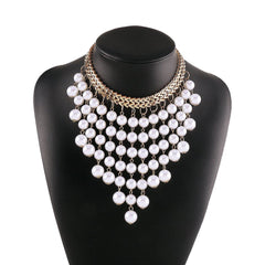 Layered faux pearl choker tassels necklace
