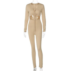 V-neck hollow out tie front jumpsuit - Final Sale