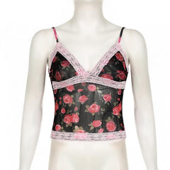 V neck lace hem backless rose print mesh cami top