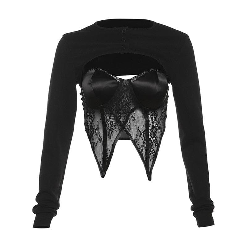 Long sleeve button lace stitch shrug 2 piece top-final-sale