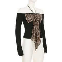 Halter off shoulder bowknot leopard print top