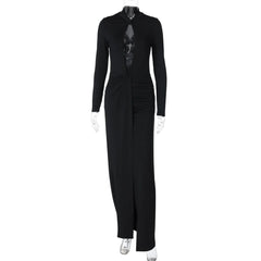 Long sleeve hollow out high slit ruched cut out maxi dress