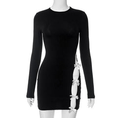 Long sleeve bowknot hollow out crewneck mini dress-final-sale