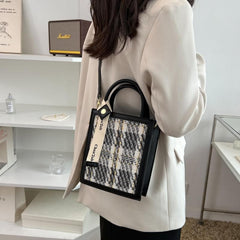 Knitted plaid contrast PU leather crossbody purses bag