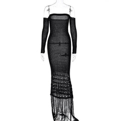 Sweetheart neck off shoulder tassels knitted maxi dress