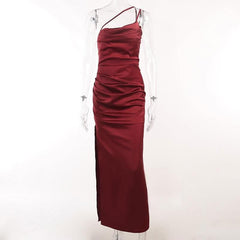 Solid satin ruched one shoulder slit midi dress-final-sale