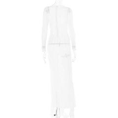 Long sleeve sheer mesh zip-up stitch maxi dress-final-sale
