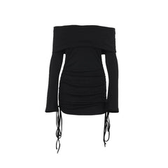 Long flared sleeve off shoulder drawstring mini dress