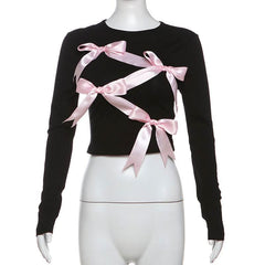 Long sleeve bowknot crewneck applique crop top
