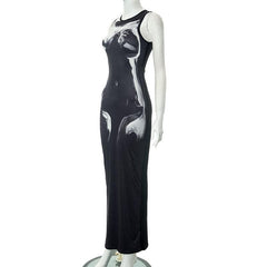 Crewneck body print contrast tank maxi dress