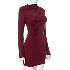 Long sleeve ruched irregular solid mini dress-final-sale