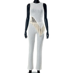 Irregular sleeveless textured crewneck tassels solid pant set-final-sale