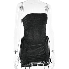 Drawstring textured backless solid bodysuit mini skirt set-final-sale