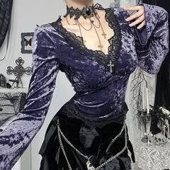 Long sleeve lace hem velvet v neck contrast top