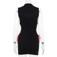 High neck heart pattern hollow out lace up cut out mini dress-final-sale