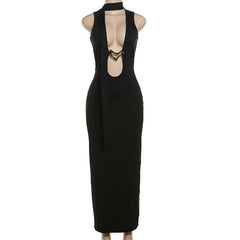 Hollow out metal applique cut out maxi dress