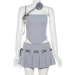 Irregular flower applique pleated mini skirt set