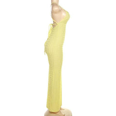 Cross back self tie backless u neck textured solid maxi dress-final-sale