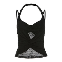Halter ruched lace patchwork v neck cami top
