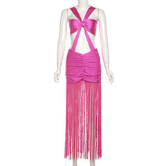Ruched knotted tassels metallic cami mini dress