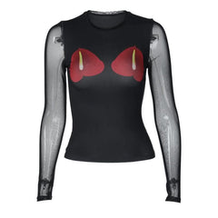 Long sleeve mesh crewneck flower pattern patchwork top-final-sale