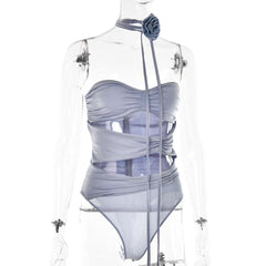 Hollow out zip-up ruched flower applique solid bodysuit-final-sale