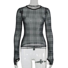 Long sleeve plaid crewneck mesh top