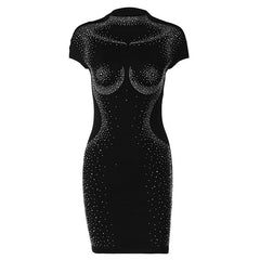 Short sleeve crewneck beaded high neck solid mini dress