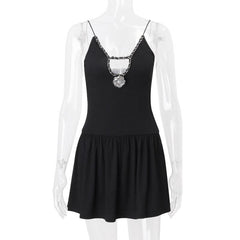 V neck flower applique hollow out cami cut out top