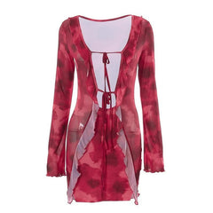 Long sleeve contrast print self tie ruffle mini dress-final-sale
