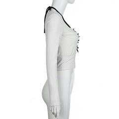 Long sleeve bowknot halter ruched 2 piece top