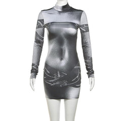 Long sleeve body print high neck mini dress